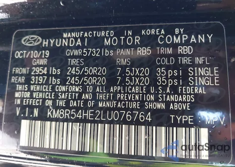 2020 Hyundai Palisade Limited z USA, uszkodzony, nr VIN KM8R54HE2LU076764